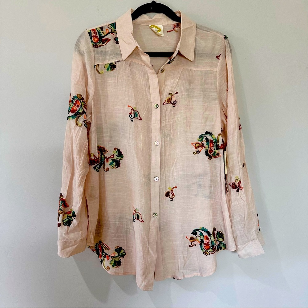 Anthropologie Fig and Flower Embroidered Full Sleeve Blouse Top Size M